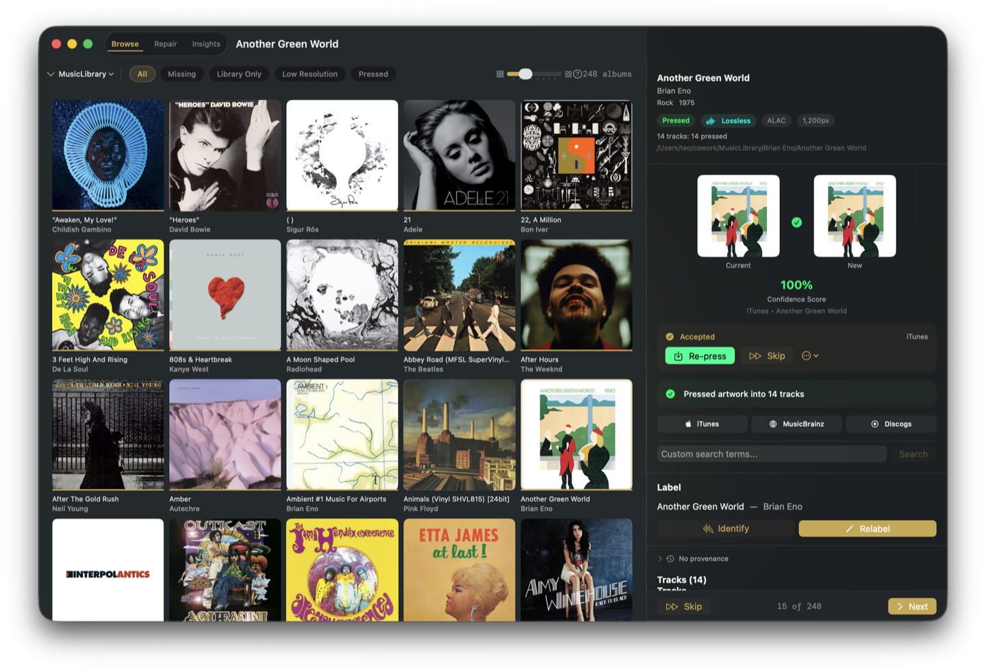 Private Press Browse view showing album grid with artwork status indicators and detail pane with confidence scoring